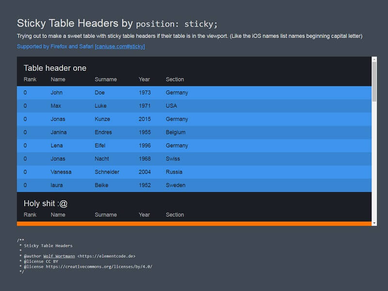 Sticky Table Headers Free CSS Tables